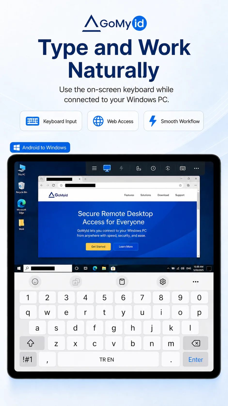 GoMyid Android remote desktop with on-screen keyboard and protected credentials
